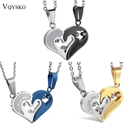 Two Colors Stainless Steel Mens Womens Couple Necklace Pendant Love Heart CZ Puzzle Matching
