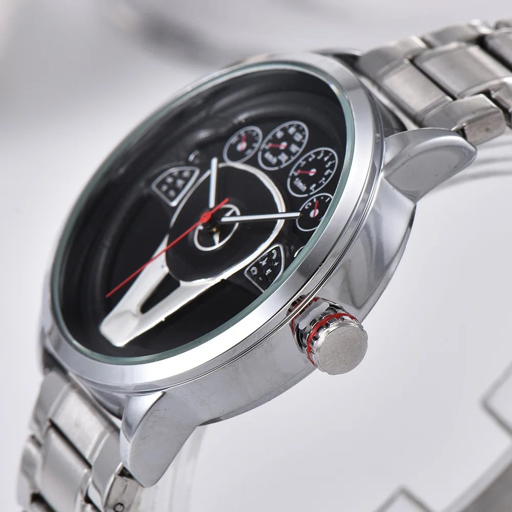 Casual Personality Classic precision Men\'s Quartz watch Racing Free Stainless Casual Sports 3D Car Steering Wheel Clock