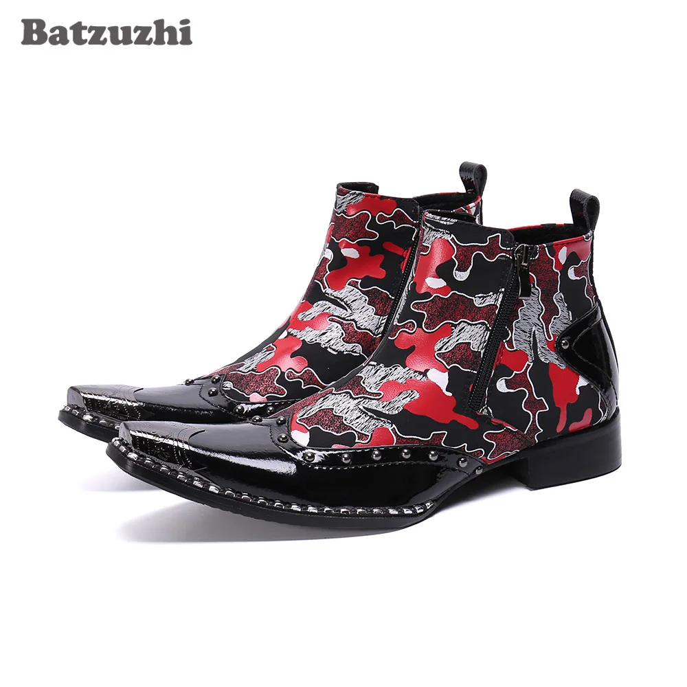 

Batzuzhi Ankle Leather Boots Punk Rock Men's Boots Pointed Metal Tip Formal Business Boots Party and Wedding, Big Size US6-US12