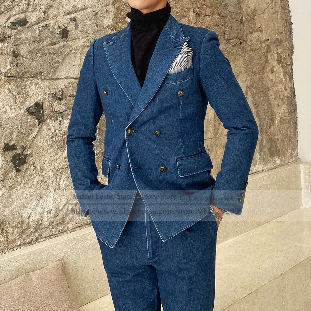Vintage Groom Wedding Suits For Men Fit Slim Blue Denim Peacked Lapel Double Breasted Jacket Pants Sets Business Office Tuxedos