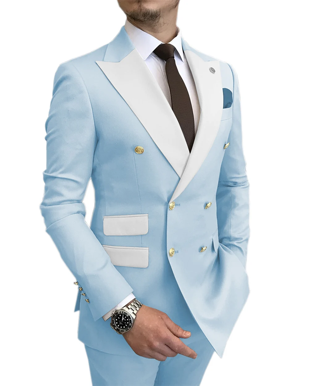 

SOLOVEDRESS New Men's Suit Light Blue Slim Double-breasted White Lapel Fashion Groom Best Man Wedding Party (Blazer + Pants) SX