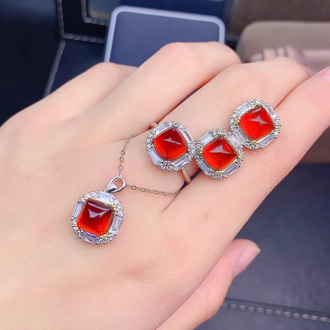 Fine Jewelry 925 Pure Silver Inset With Natural Gem Women's Luxury Trendy Sugar Tower Orange Garnet Pendant Ring Earring Set Sup