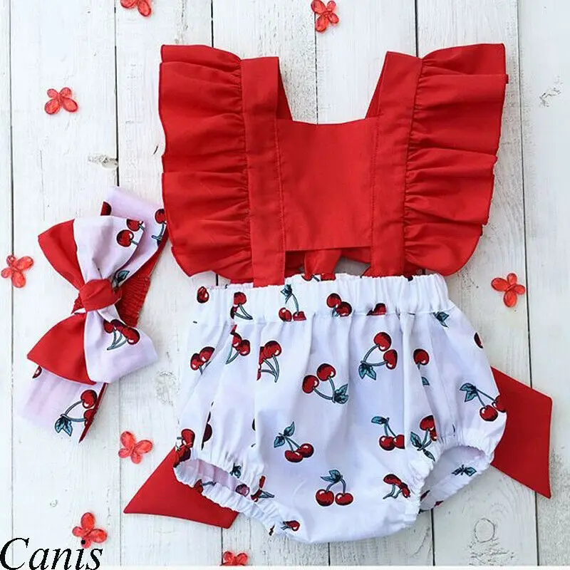 2Pcs Newborn Baby Girl Clothes Ruffle Backless Cherry Romper + Headband Outfit Baby Girl Summer Clothes