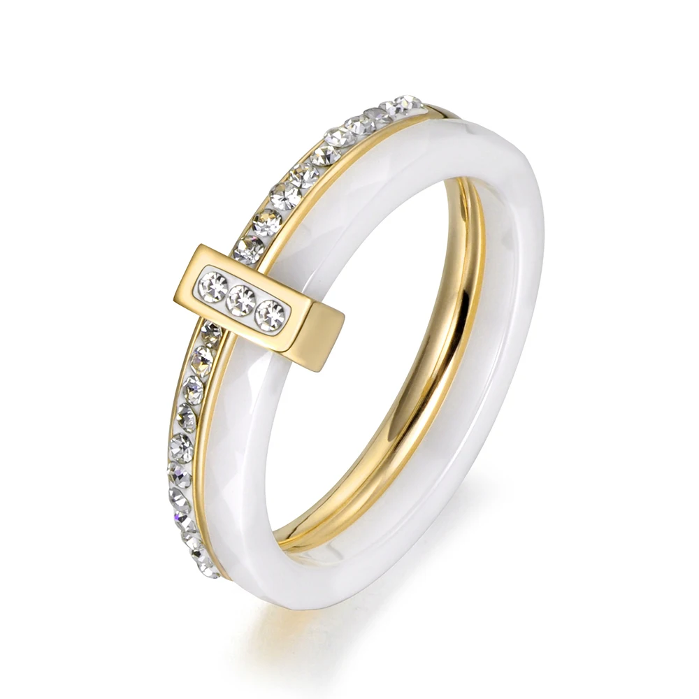 JeeMango 2 Schichten schwarz/weiß Keramik Kristall Eheringe Roségold Farbe Edelstahl Strass Verlobungsring JR18054