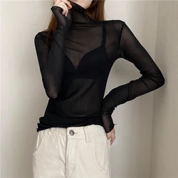 New Girls Mesh T Shirts Tees Female Spring Summer Transparent Full Sleeve Turtleneck Thin Shirt Tops Undershirts Women