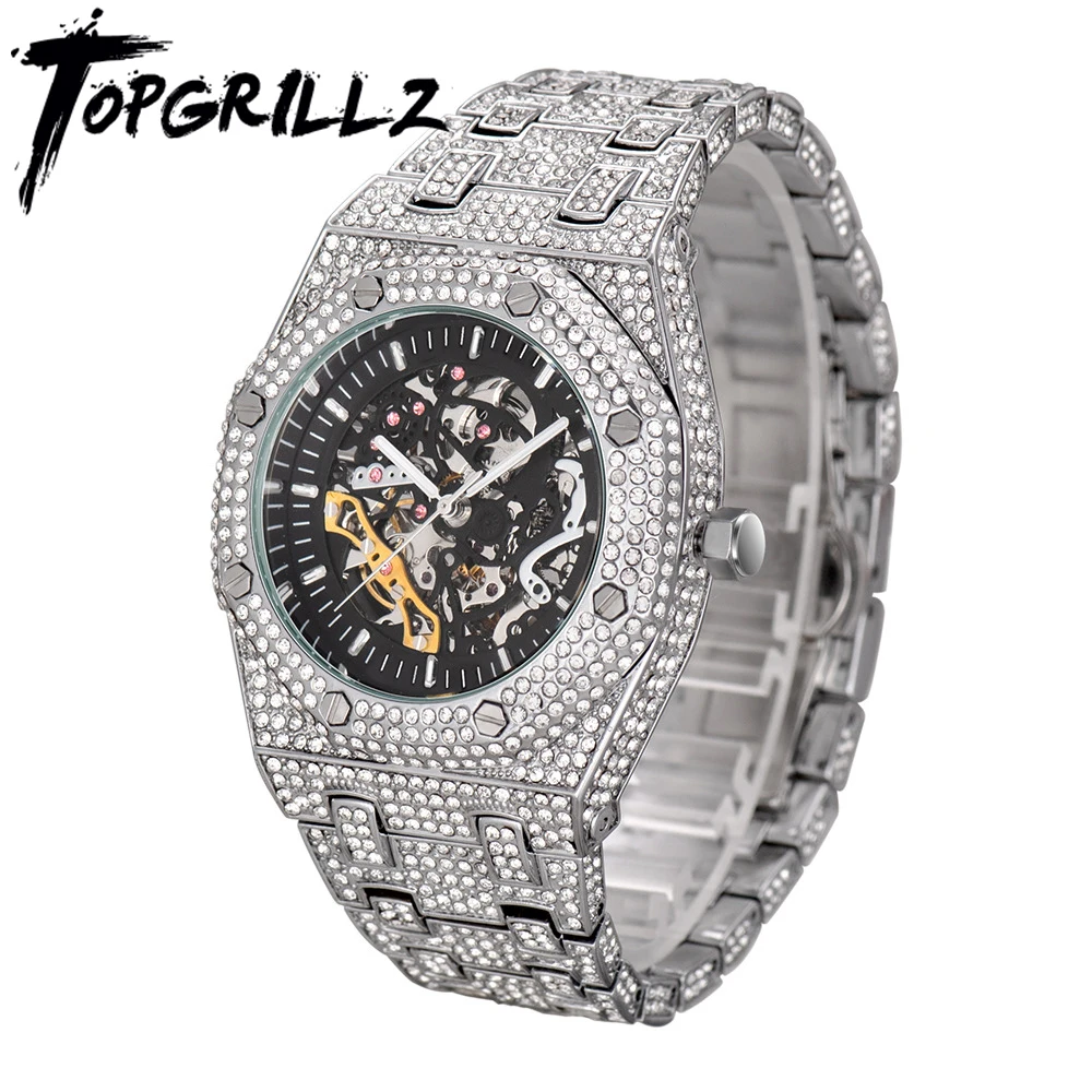 

TOPGRILLZ Mechanical Luxury Rhinestones Watches White Gold Shine Mens Watches Stainless Steel Watch Quality Business Watch