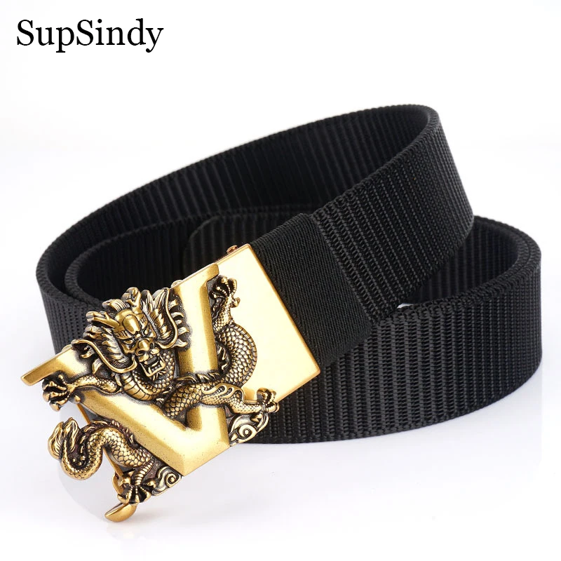 SupSindy Man's Nylon Belt Luxury Gold Dragon Metal Automatic Buckle Canvas Belts for Men Casual Jeans Waistband Black Male Strap