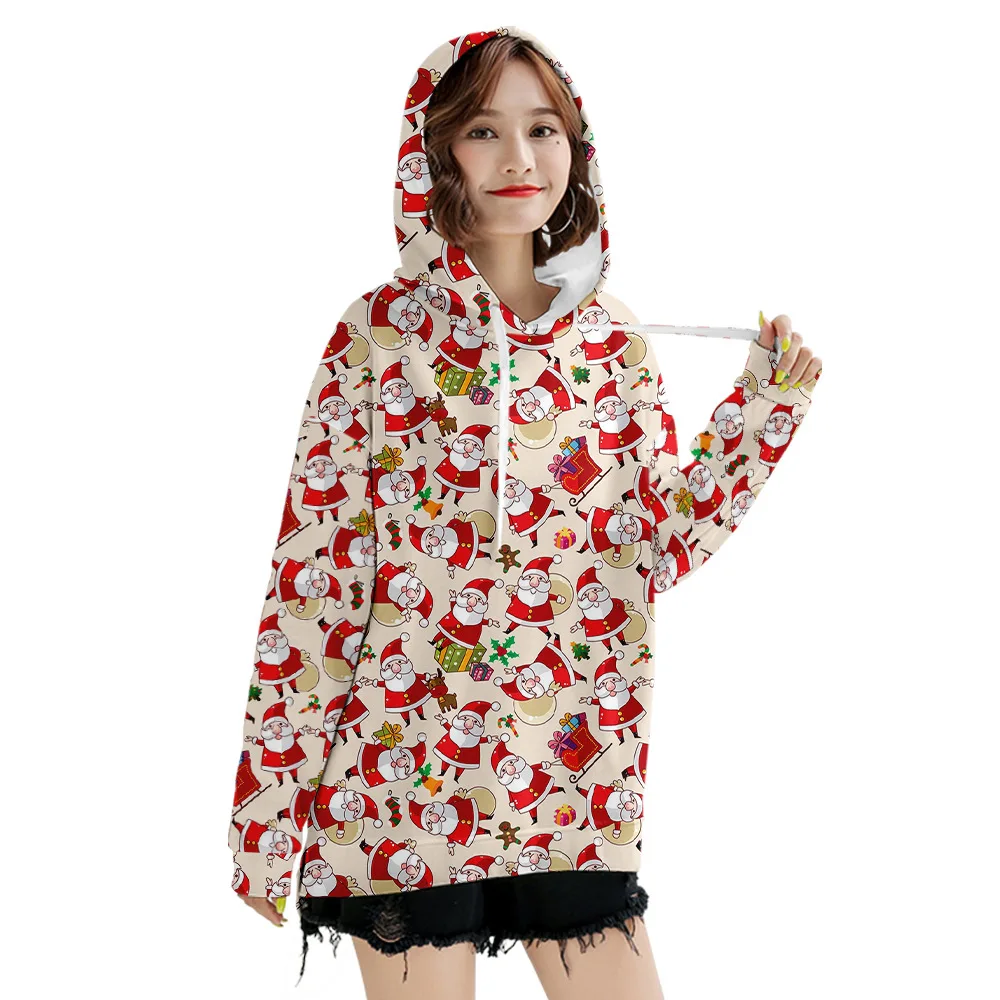 Christmas 2021 Santa Claus Deer Hoodies Women Fashion Christmas 3D Print Loose Sweatshirt Hoodie Pullover Autumn Winter Coats