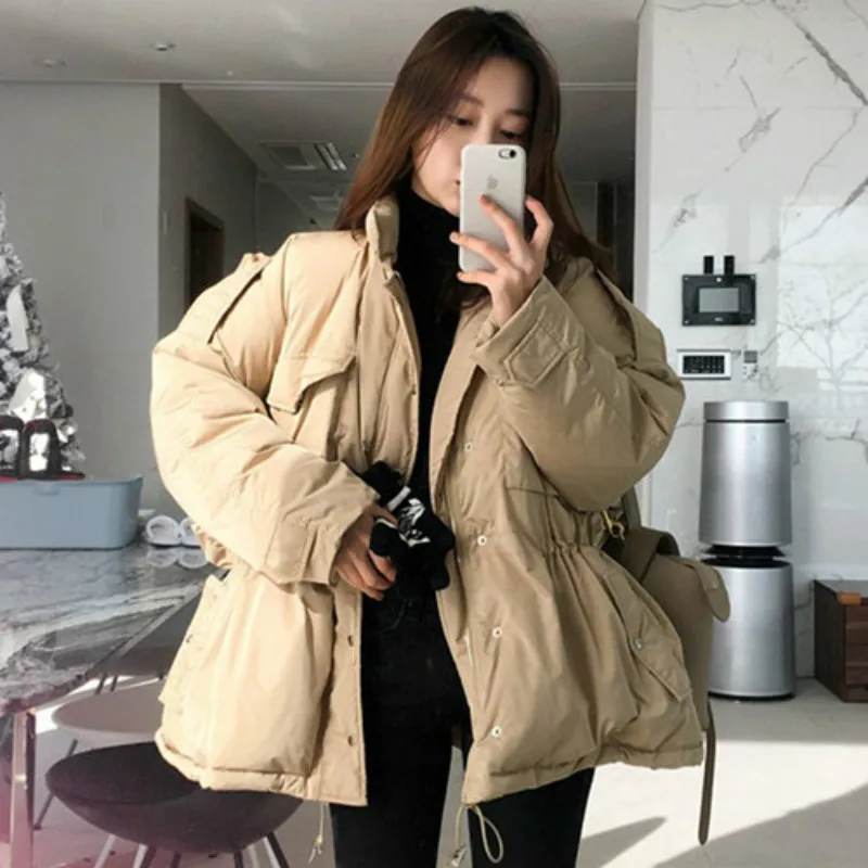 Korea Women Winter Thick Solid Cotton Parka Drawstring Slim Waist Overcoat Oversize Coat Jacket Zipper Outerwear with Pocket