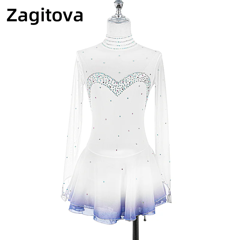 White Gradient Figure Skating Dress For Women And Girls Long Sleeve Ice Figure Skating Clothes With Rhinestones