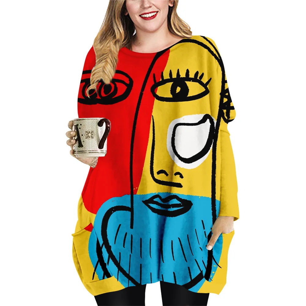 

Women Mini Dresses Loose Spring Fall Sexy O-neck Long Sleeve Printed Beach Dress Ladies Dress Tops