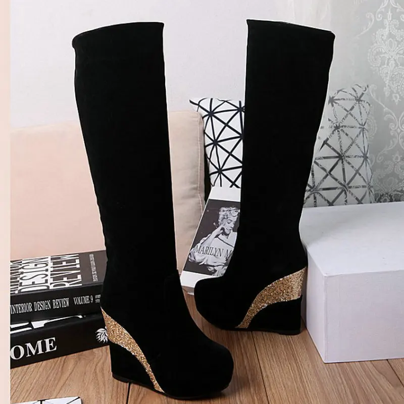 2021 Women Knee High Boots Platform Wedges High Heel Ladies Calf Boots Flock Round Toe Autumn Winter Women\'s Boots Big Size 43