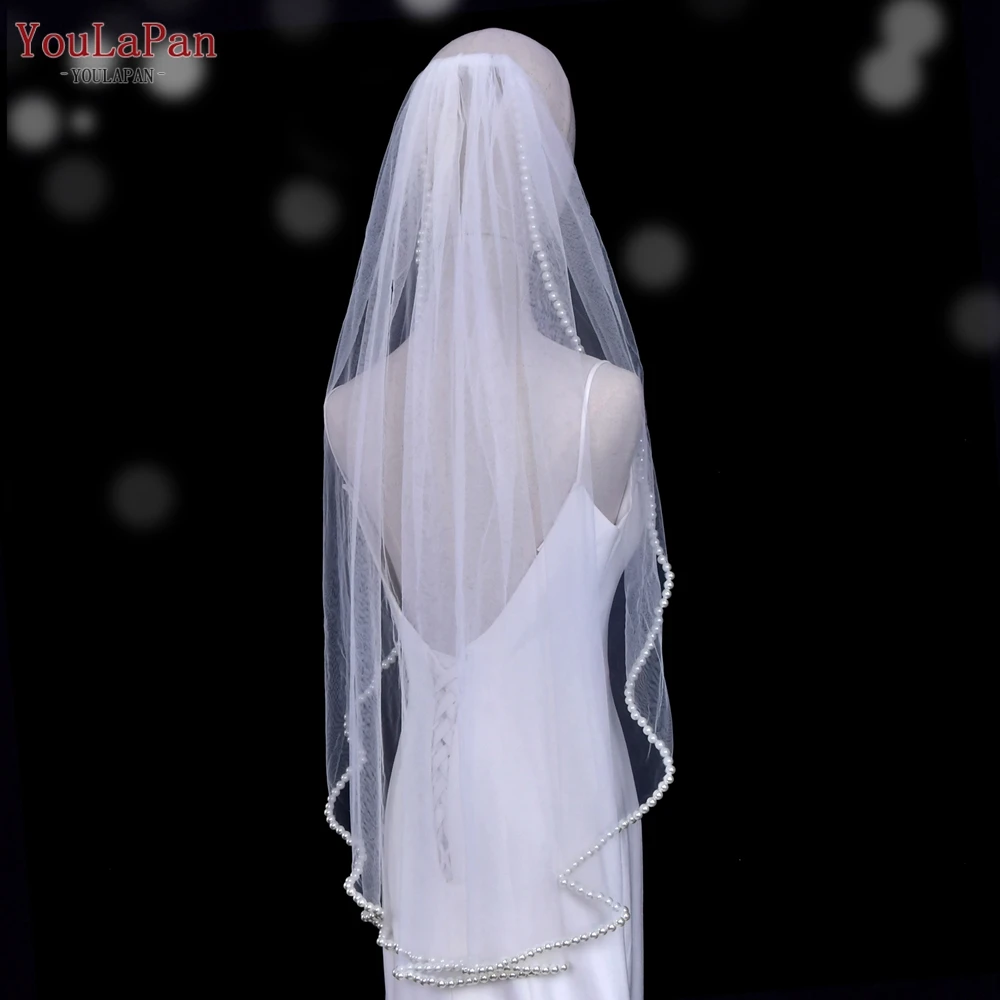 YouLaPan V119 Elegant Bridal Veil Pearl Edge Wedding Veil กับหวีผม1ชั้นปลายนิ้ว Veil อิตาเลี่ยน Tulle