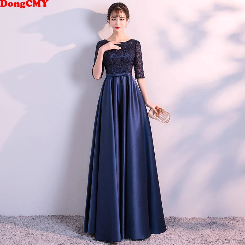 

DongCMY New 2021 Long Formal Evening Dresses Elegant Lace Satin Navy Blue Vestidos Women Party Gown