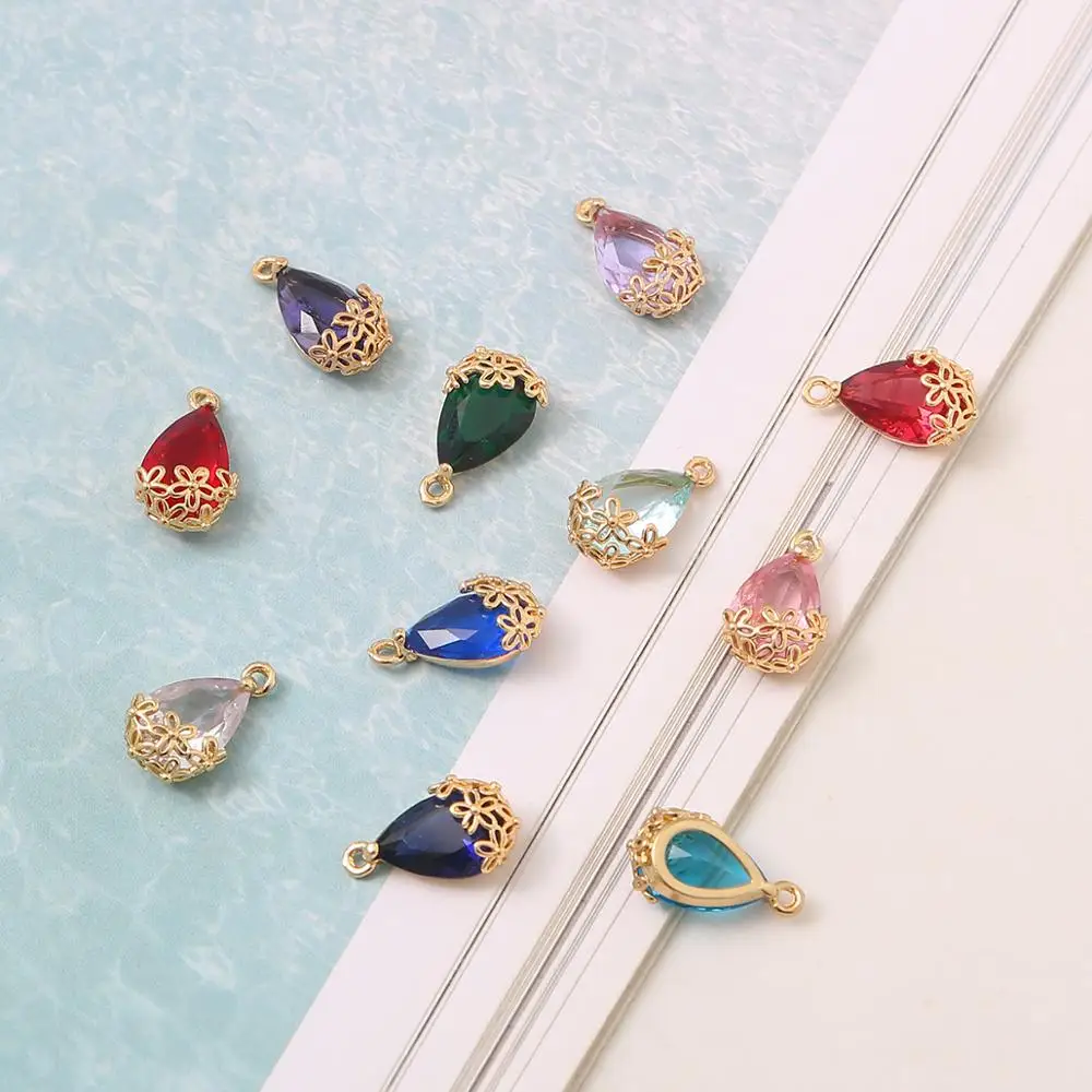 9x16mm 1Pc plum blossom Copper Plated Drop Water Shape Shining Zircon Crystal Pendants for Diy Earrings Findings Necklace Charms