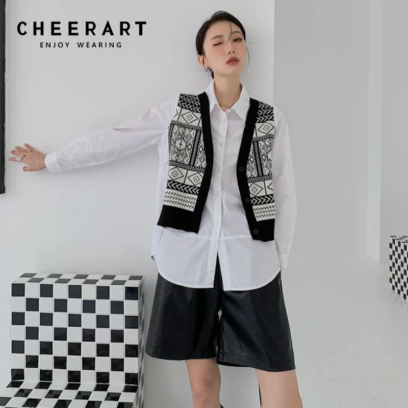 

Искусственная дизайнерская рубашка CHEERART из 2 предметов с пуговицами в стиле поп-арт для женщин Топ с длинным рукавом и блузка белая рубашка с воротником осенняя одежда