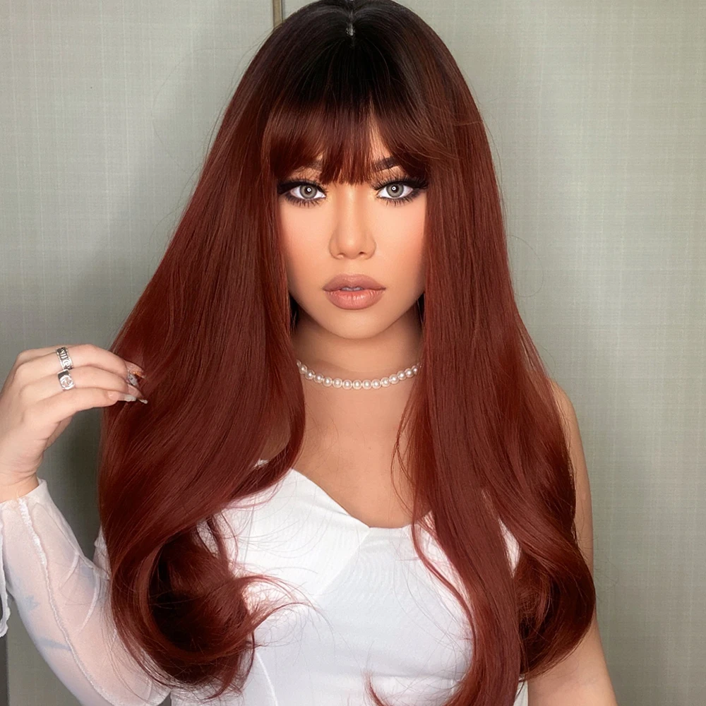 HENRY MARGU Ombre Wine Red Synthetic Wigs With Bangs Long Wavy Cosplay Hair Wigs for Women with Dark Roots Heat Resistant Wigs