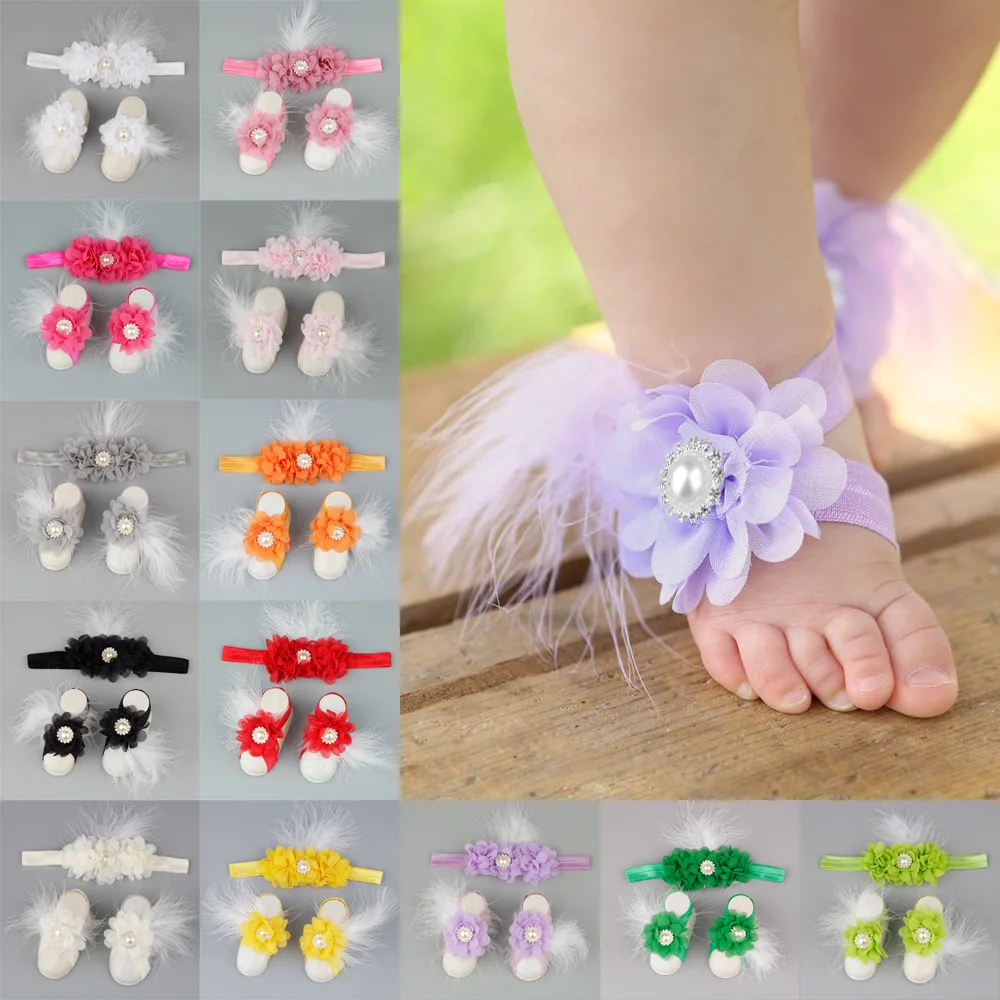 

Fashion 3pcs/set Boutique Chiffon Flower Headband with Barefoot Sandals Soft Feather Newborn Kids Shoes Baby Girls Birthday Gift