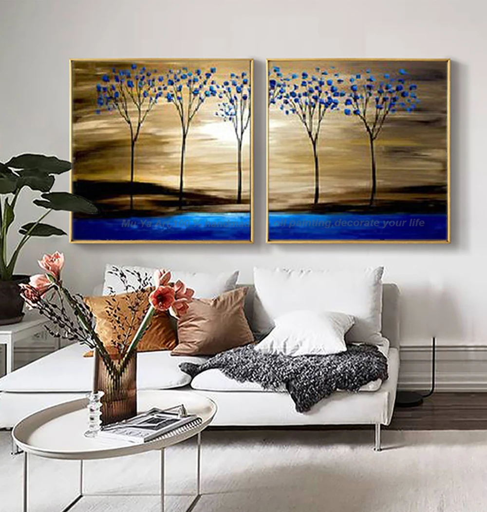 Decorative picture oil painting on canvas handmade blue tree lanscape painting abstract decoration murale salon for living room image 5
