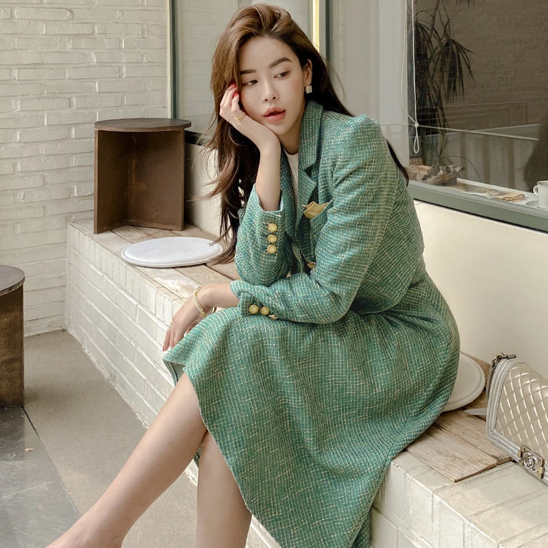 New Autumn Winter Two Piece Set Women Fashion Notched Collar Green Short Blazer Jacket + High Waist Ball Gown Midi Skirt Suits