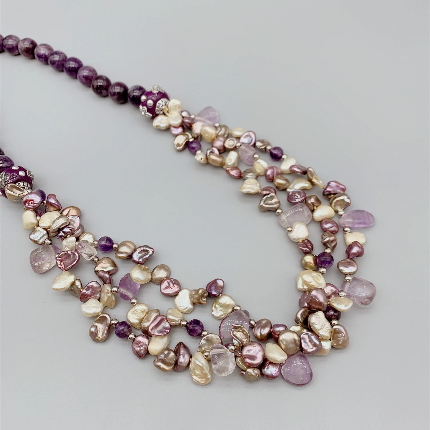 FoLisaUnique Freshwater Keshi Pearls Purple Amethyst Necklace For Women Birthday Gift 3 Strands Layers Stacking Trendy Jewelry