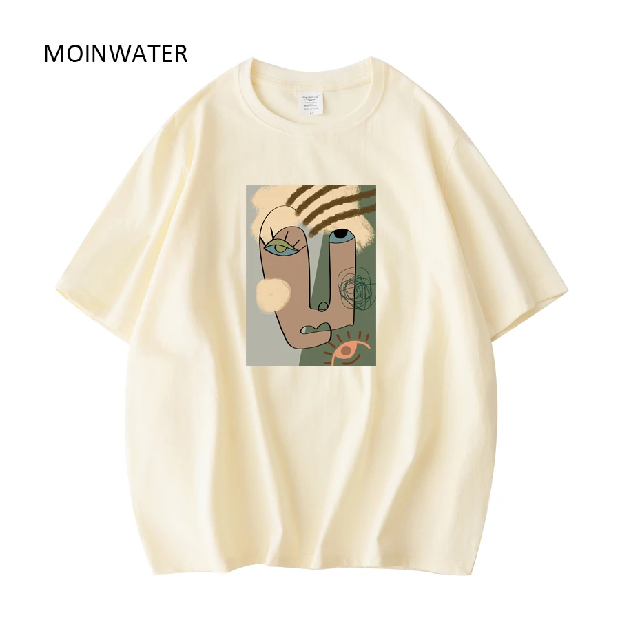 MOINWATER Women New Abstract Pattern T shirts Female Cotton Green Summer Tees Lady Khaki Short Sleeve Streetwear Tops MT21027