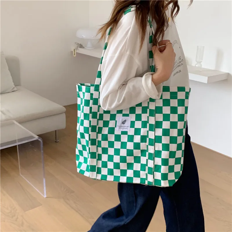 Canvas Checkerboard Bag For Women Casual Plaid Tote Shoulder Bags Leopard Print Large Handbags Female Travel Shopping School Bag