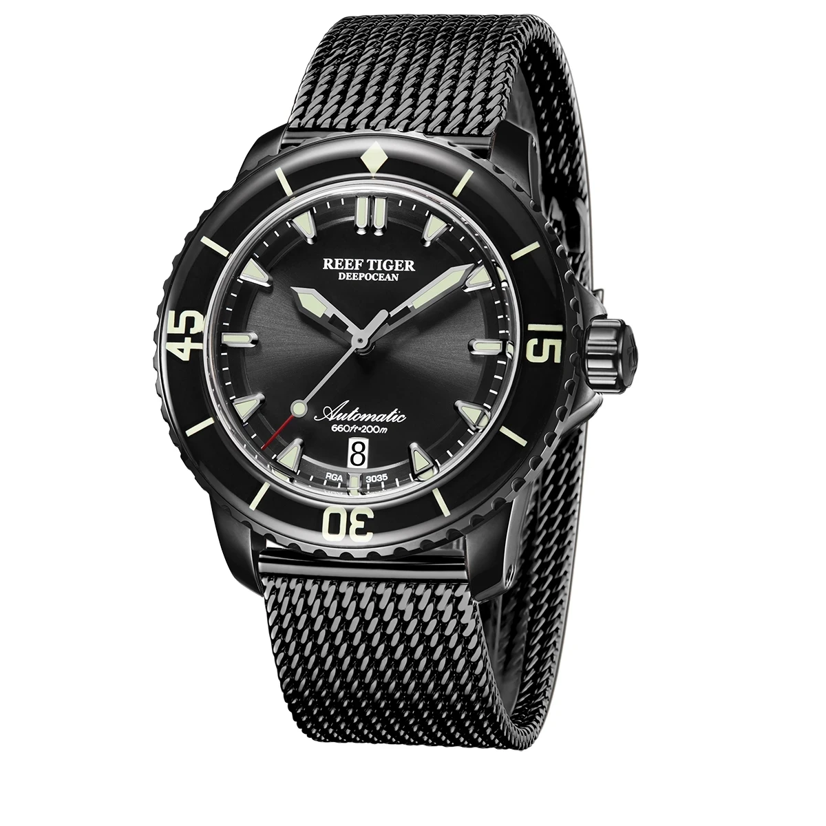 Reef Tiger/RT Brand Luxury Automatic Dive Men Watch All Black Super Luminous 200M Waterproof Sport Mechanical Watch