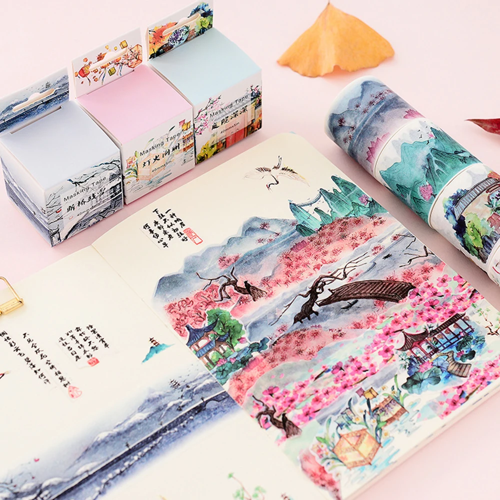 1 Pcs Chinese Landscape Flowers Plants Vintage Scenery Decoration Washi Tape DIY Planner Diary Scrapbooking Masking Tape