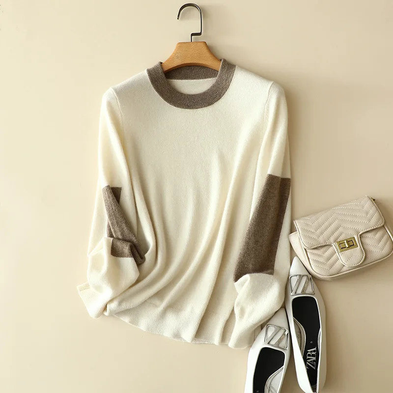 

auutmn winter new pactchwork 100% cashmere pullovers crewneck long sleeve women europe fashion knitwear