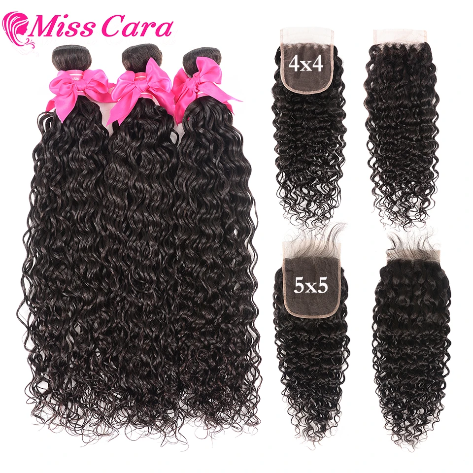 Peruvian Water Wave Bundles With Closure Remy Human Hair Weaves With Closure 5x5 Lace Closure With 3/4 Bundles Water Wave Hair