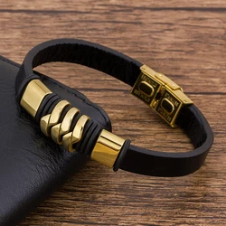 TYO Luxury Fashion Charm Men Bracelet Leather Braided Rope Hip Hop Rock Punk Gold Color Magnetic Accessories Bangles Jewelry
