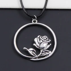 New Durable Black Faux Leather Cord Choker Rose Flower Charm DIY Necklace Boho Tibetan Silver Color Pendant Dropshipping