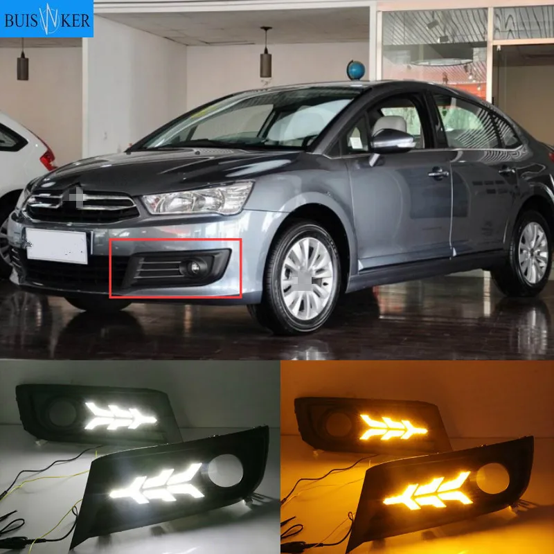 For Citroen C-Quatre 2012-2018 with Dynamic moving yellow turn signal LED DRL daytime running light+Front fog light