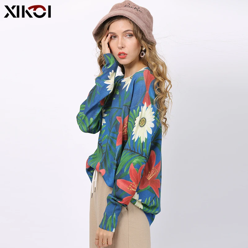 XIKOI Women Casual Printed Sweaters Pullovers Winter Trendy O-Neck Loose Knitted Clothing Casual Femme Pullovers Plus Size Pull