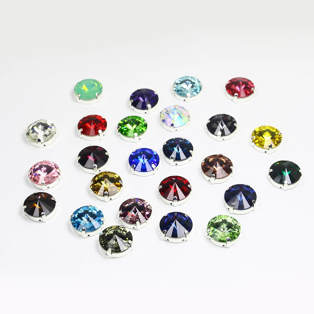 50pcs 18 Colors 14mm Rivoli Round Gems K9 Glass Stone Gold Claw Sew on Crystal Rhinestone for Wedding Dress Jewelry Making