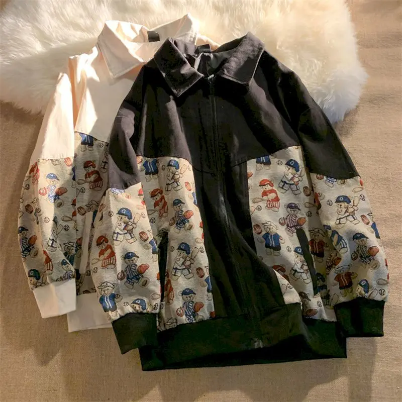 Woman Jacket Design Sense Niche Stitching Bear Print Jacket Men Women Spring Autumn Loose Retro Baseball Uniform Cardigan Ins