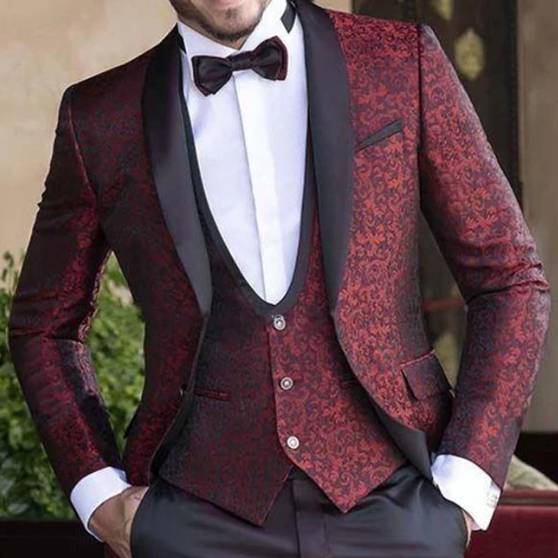 Esmoquin Floral de Jacquard para boda, conjunto de 3 piezas para hombres, chaqueta, chaleco con pantalones negros, chal, solapa, ropa de moda masculina