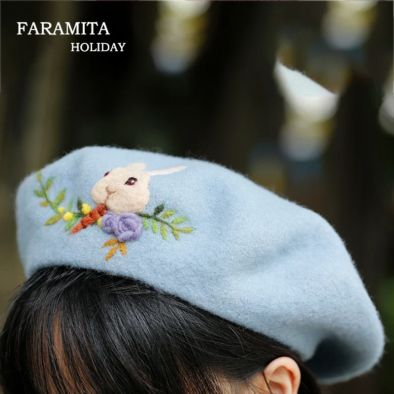 Faramita Holiday Rabbit Cute Forest Painter Hats 3D 100% Wool Women Bererts Manual Lovely Beret Farmhouse Style Kids Womens Hat