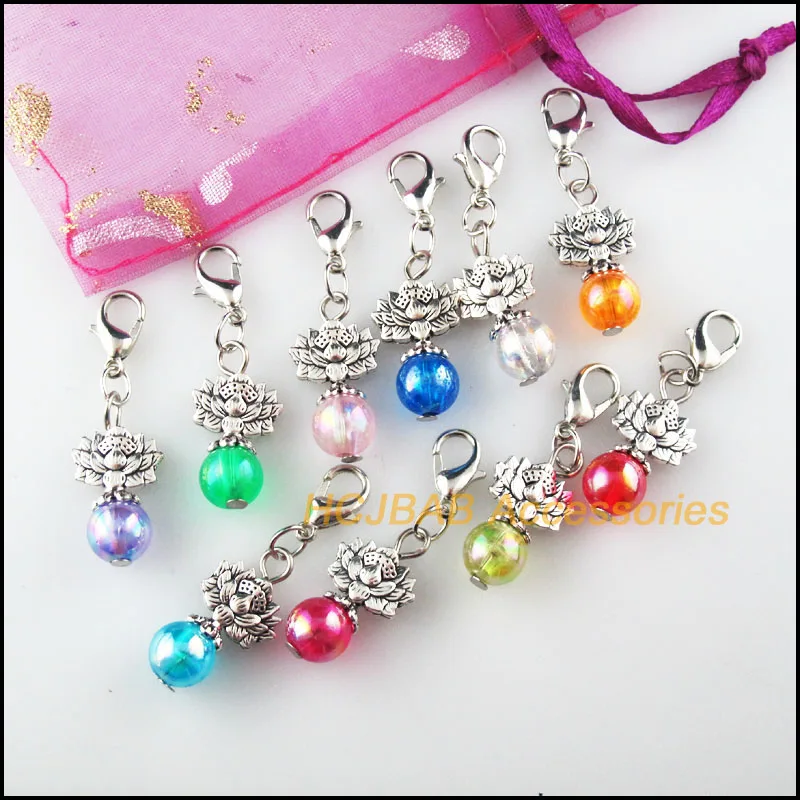 10 New Lotus Charms Mixed Mirage Resin Tibetan Silver Plated With Lobster Claw Clasps Flower Pendants 12x22mm