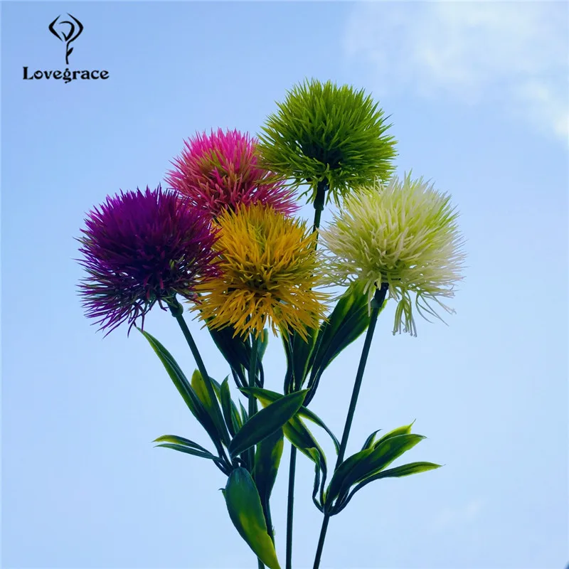 Lovegrace Mini Bouquet Fake Dandelion Flower Arrangement Artificial Wedding Flower Pompon Purple Home Garden Party Wedding Decor