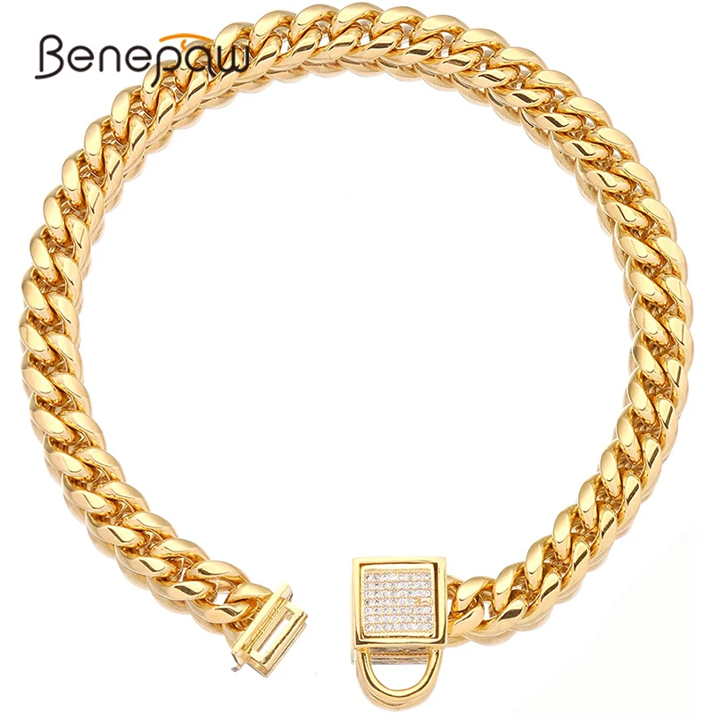 Benepaw Heavy Duty Cuban Link Dog Collar Safe Comfortable Stainless Steel 14mm Gold Pet Chain Choke Cubic Zirconia Stones