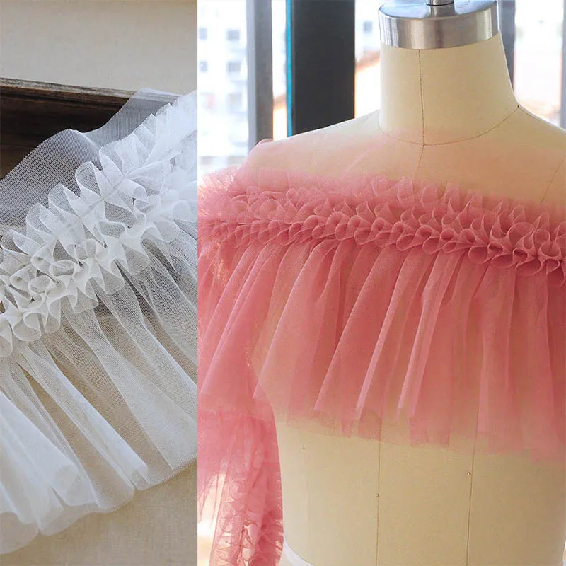 24 CENTIMETRI di Larghezza Bella Bianco Rosa Soffici Lane E Filati 3d Del Merletto Appliques Collare Tessuto di Maglia Del Vestito Del Nastro Tende