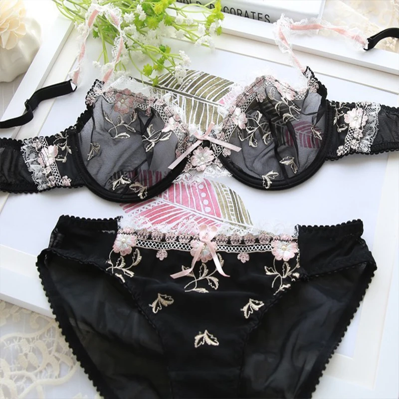 Sexy Lingerie Exquisite Embroidery Lotus Ultra-thin Sexy Large Size Lingerie Ladies Lace Transparent underwear bra set