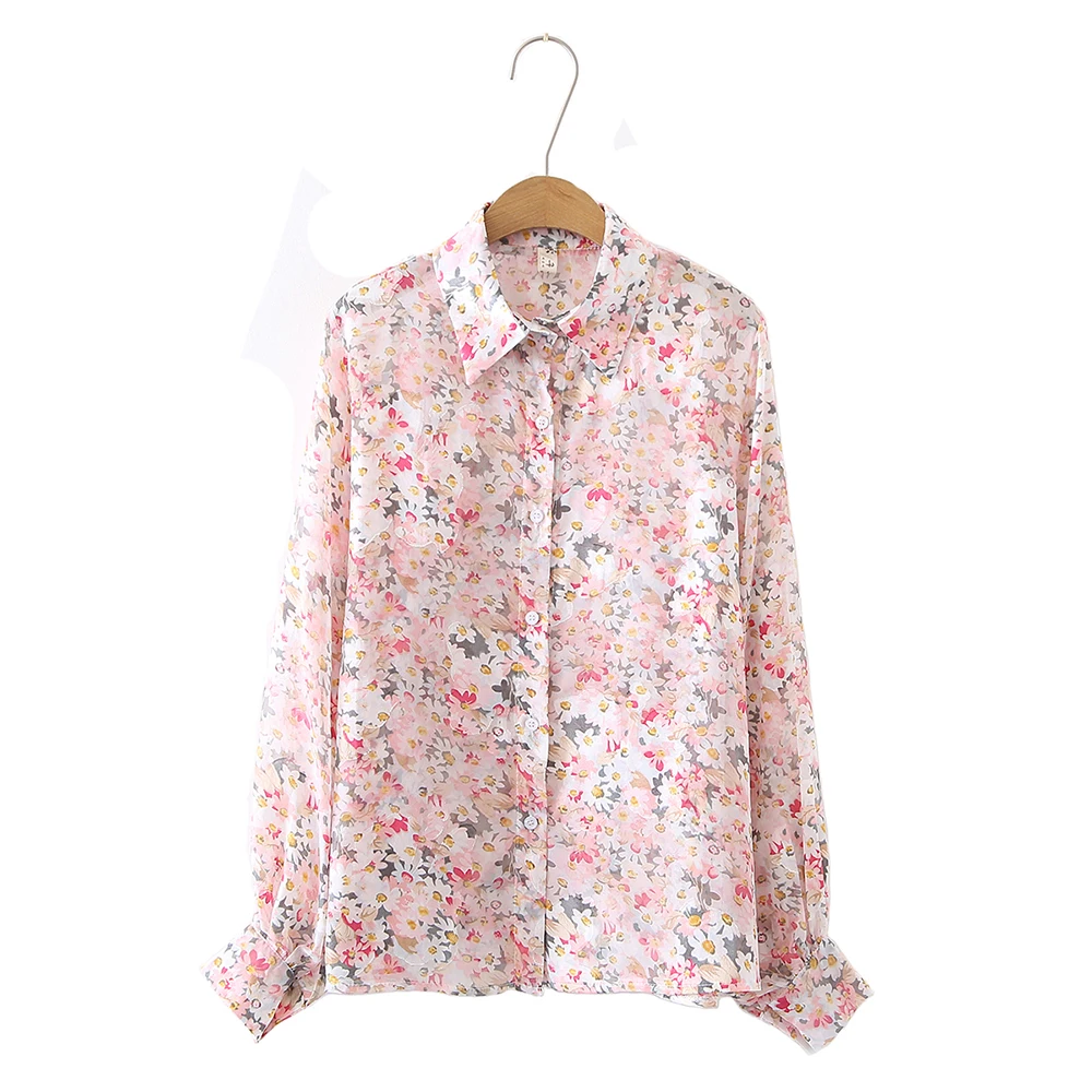 2021 Spring &Summer Woman See-Through Thin Lantern Sleeve Printed Chiffon Shirt