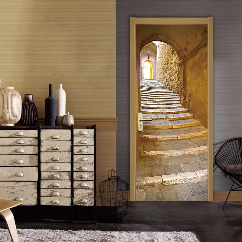 Medieval Stone Hutongs DIY Door Wall Sticker Home Decor Living Room Children Room Bedroom Art Mural Self-adhesive PVC Wallpaper