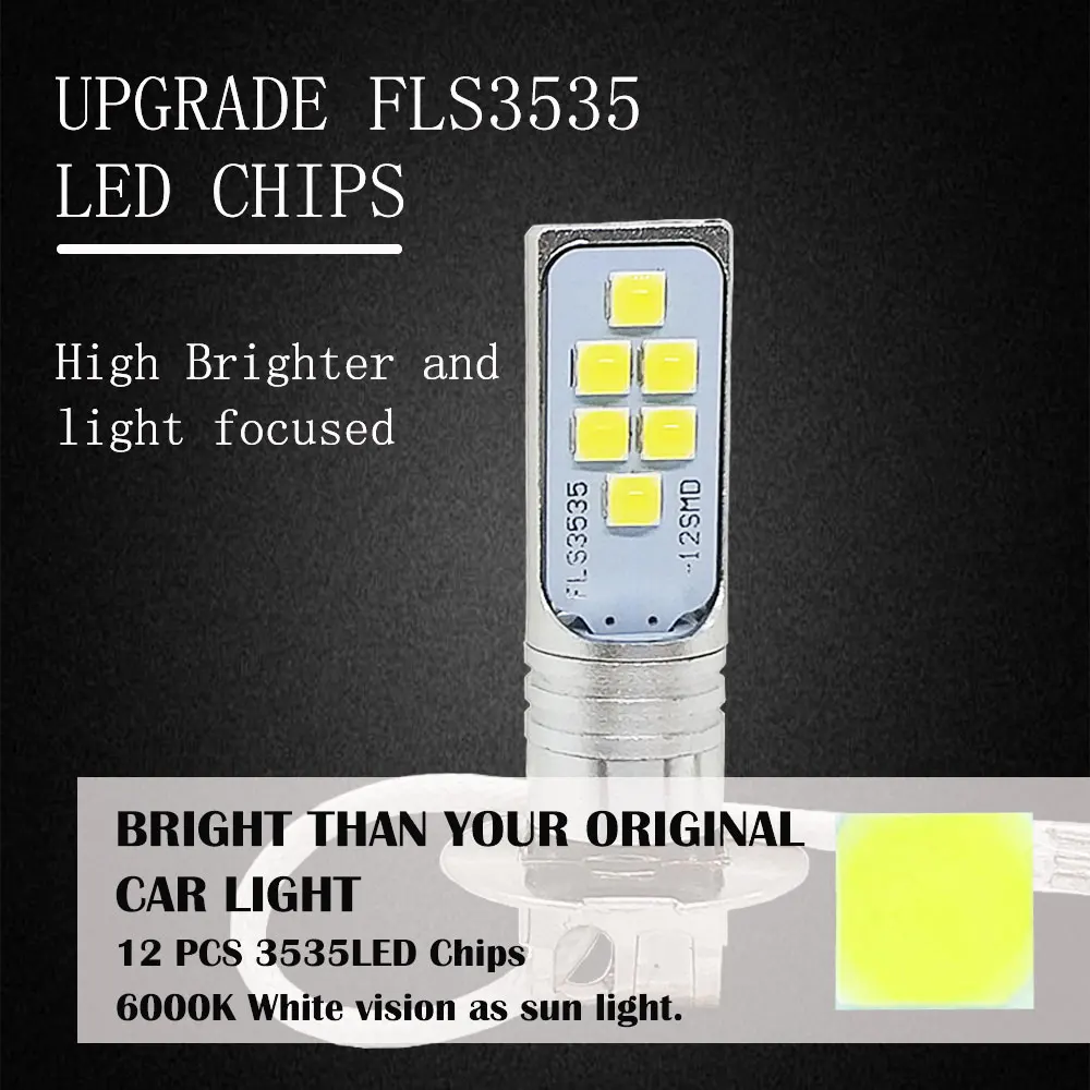 2Pcs H3 Led Bulb Car Fog Light 12 SMD 3535  Super Bright Auto Driving Led Bulbs Running Lamp Cars 12V 24V