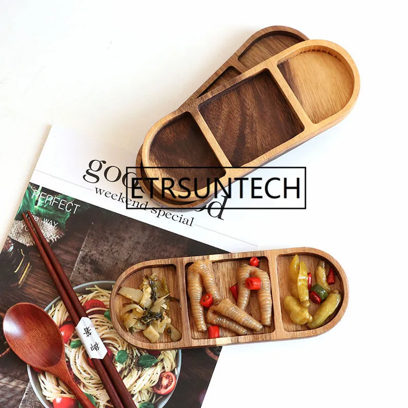 50pcs Wood Three compartment Seasoning Saucers Soy Sauce Dish Appetizer Salad Bowl Tableware Decoration Cooking Tools