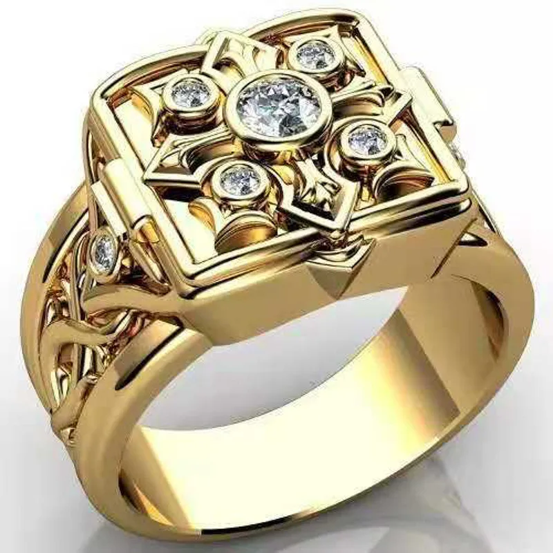 Creative Punk Style Gold Colors Cross Flower Pattern Zircon Ring for Men Secret Small Room Coffin Rings Cocktail Jewelry Gift