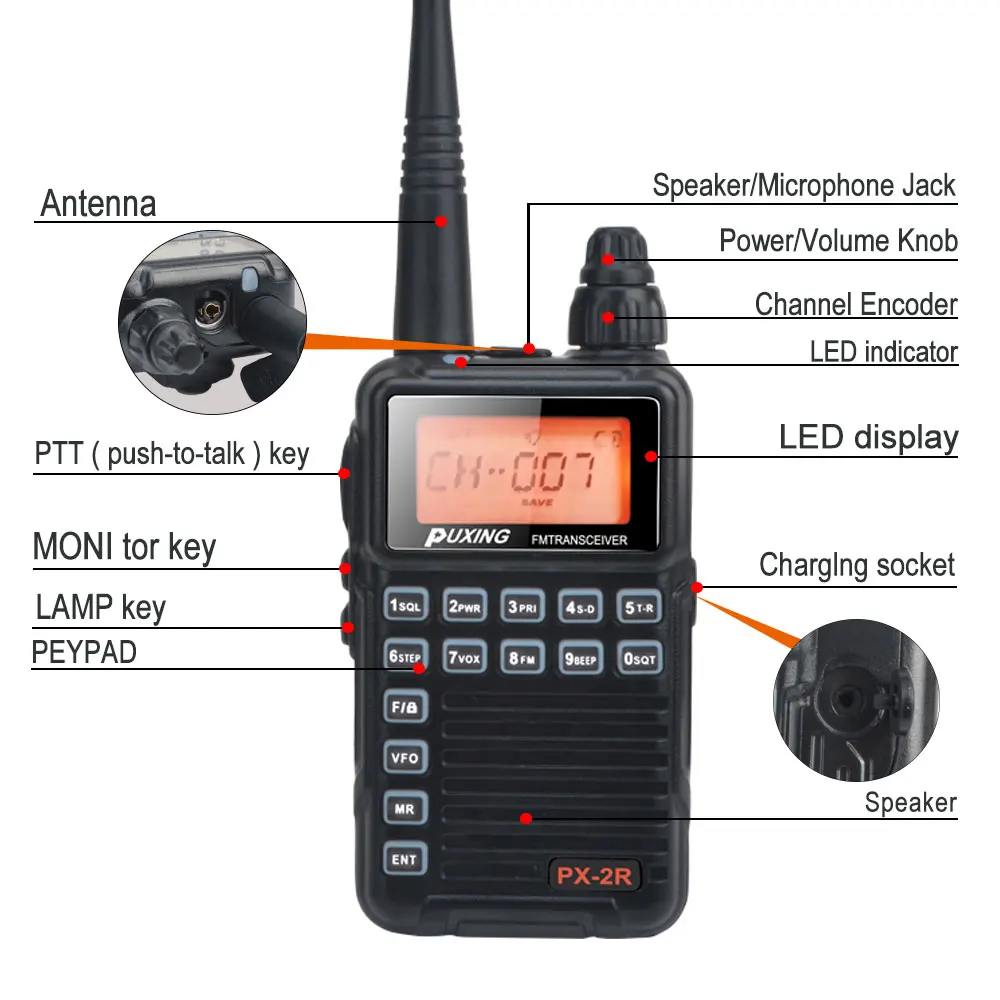 PX-Radio PUXING PX-2R Mini Compact, transmisión de banda única UHF, recepción de banda dual VHF UHF, 2W, FM VOX, Walkie Talkie, 400-470MHz